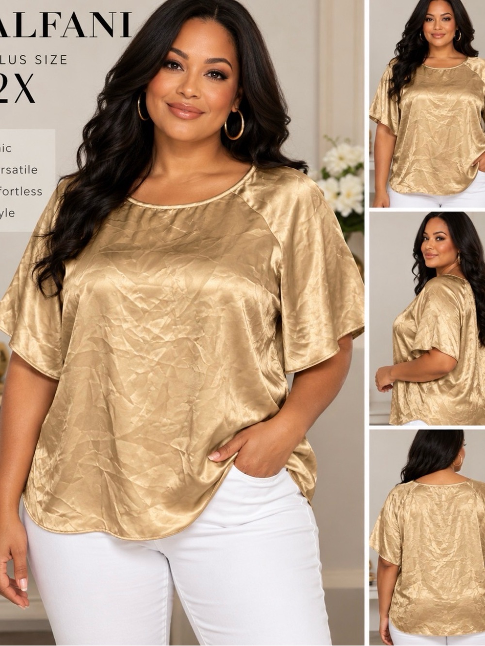 Alfani Gold Satin Short Sleeve Blouse
